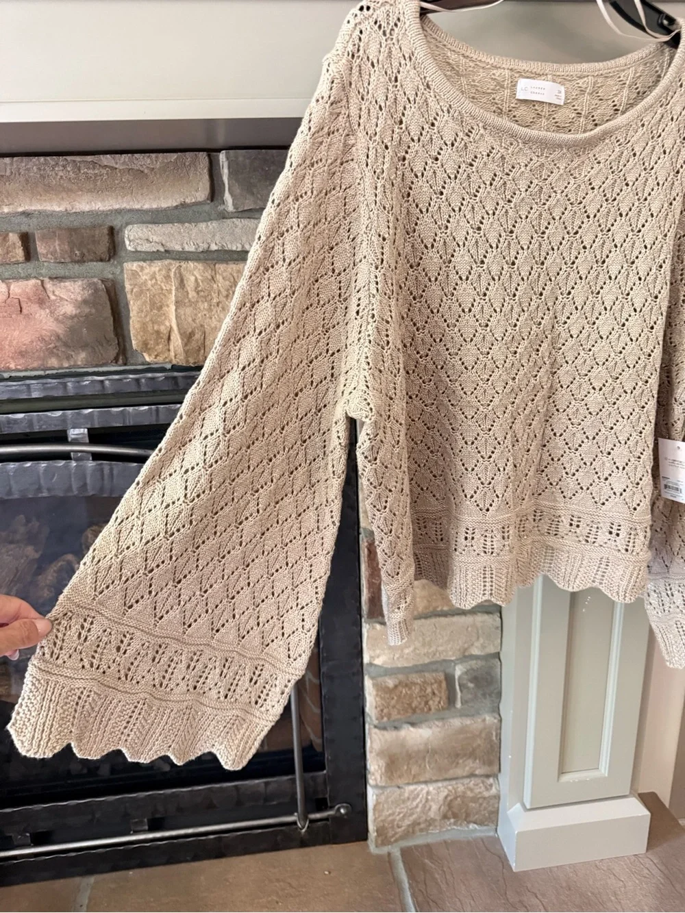 LC Lauren Conrad 3X Beige Open Knit Pointelle Sweater Metallic Scallop Hem NWT